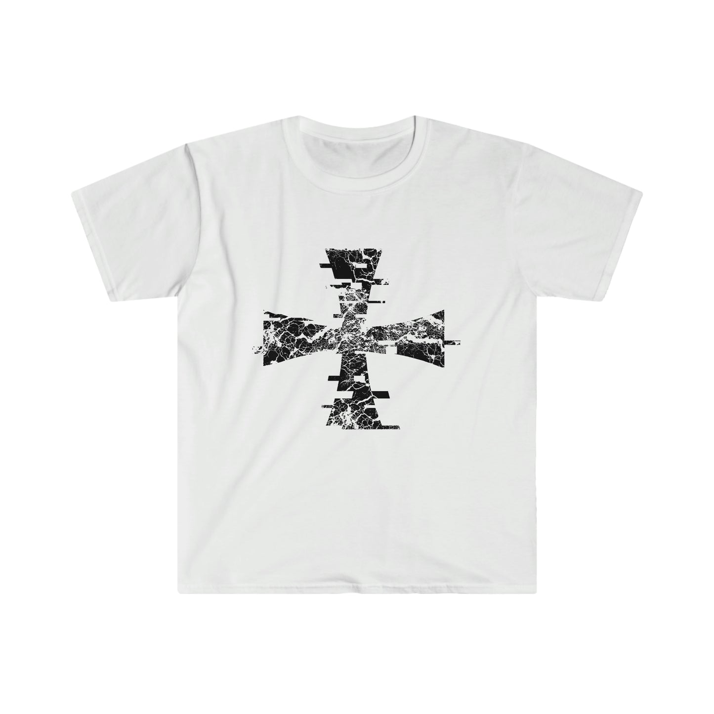 Black Distressed Crusader Logo on a White T-Shirt, by Sanctus Servo