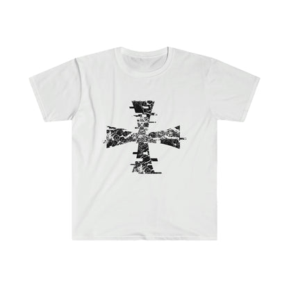 Black Distressed Crusader Logo on a White T-Shirt, by Sanctus Servo