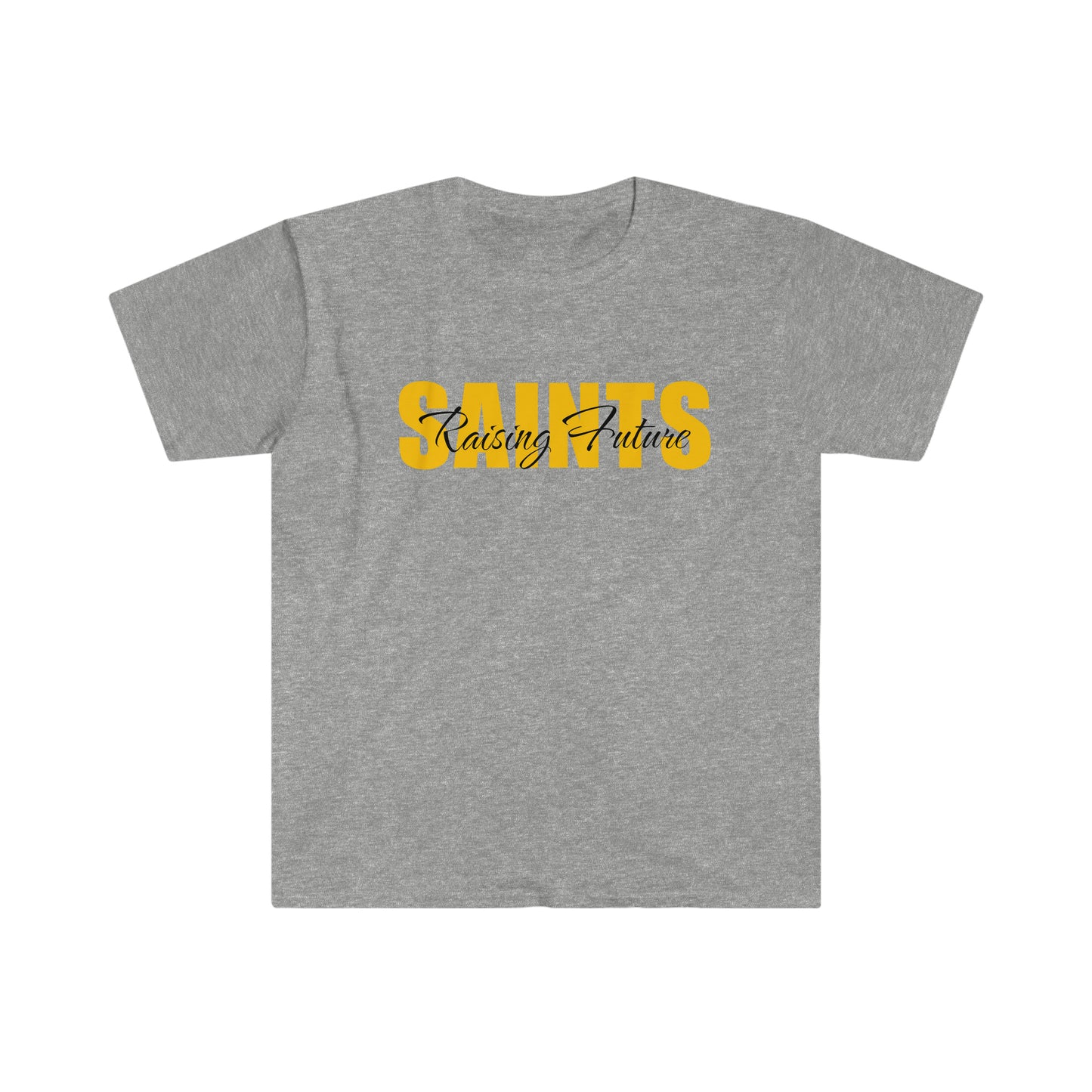 Heather Gray T-Shirt with "Raising Future Saints" printed on it in yellow and black font.