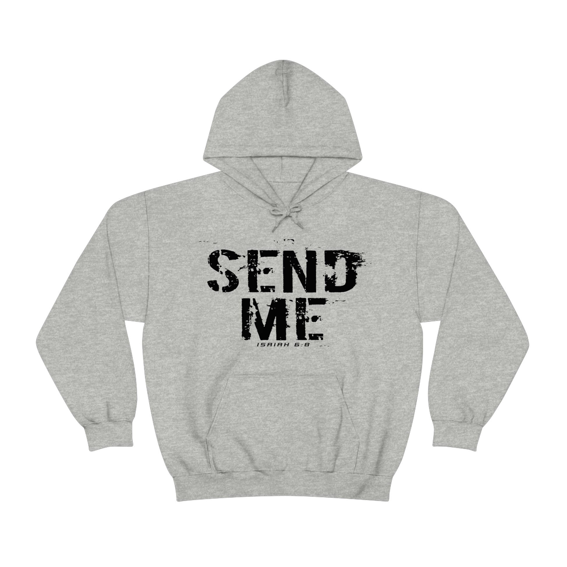 Heather Gray Gildan sweatshirt with black "Send Me" Isaiah 6:8 bible verse text printed on it by Sanctus Servo.