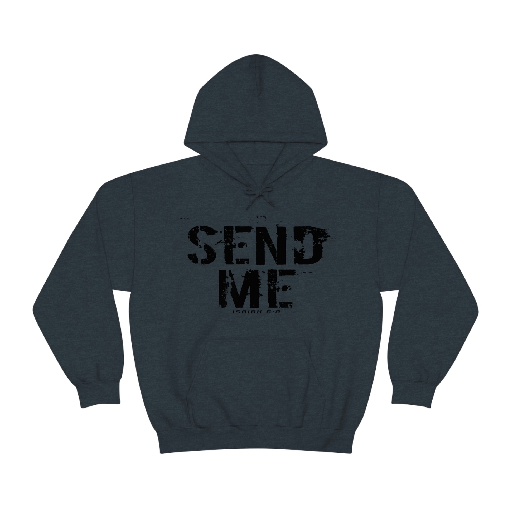 Heather Navy Blue sweatshirt with black "Send Me" Isaiah 6:8 bible verse text printed on it by Sanctus Servo.