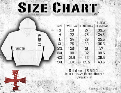Size chart for Sanctus Servo Gildan 18500 hoodies.