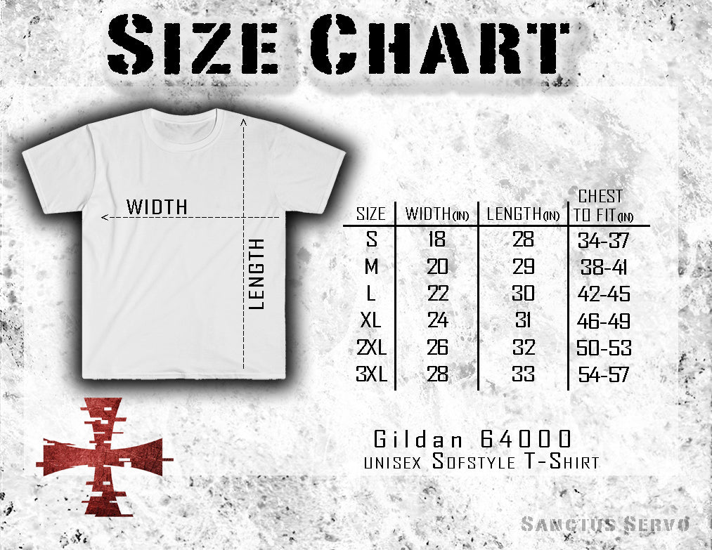 Sanctus Servo size chart for Gildan 6400 t-shirts.