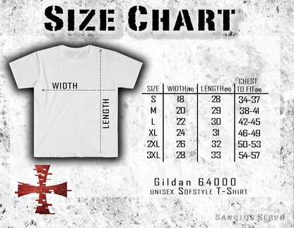 Size chart for Gildan 6400 t-shirts sold by Sanctus Servo.