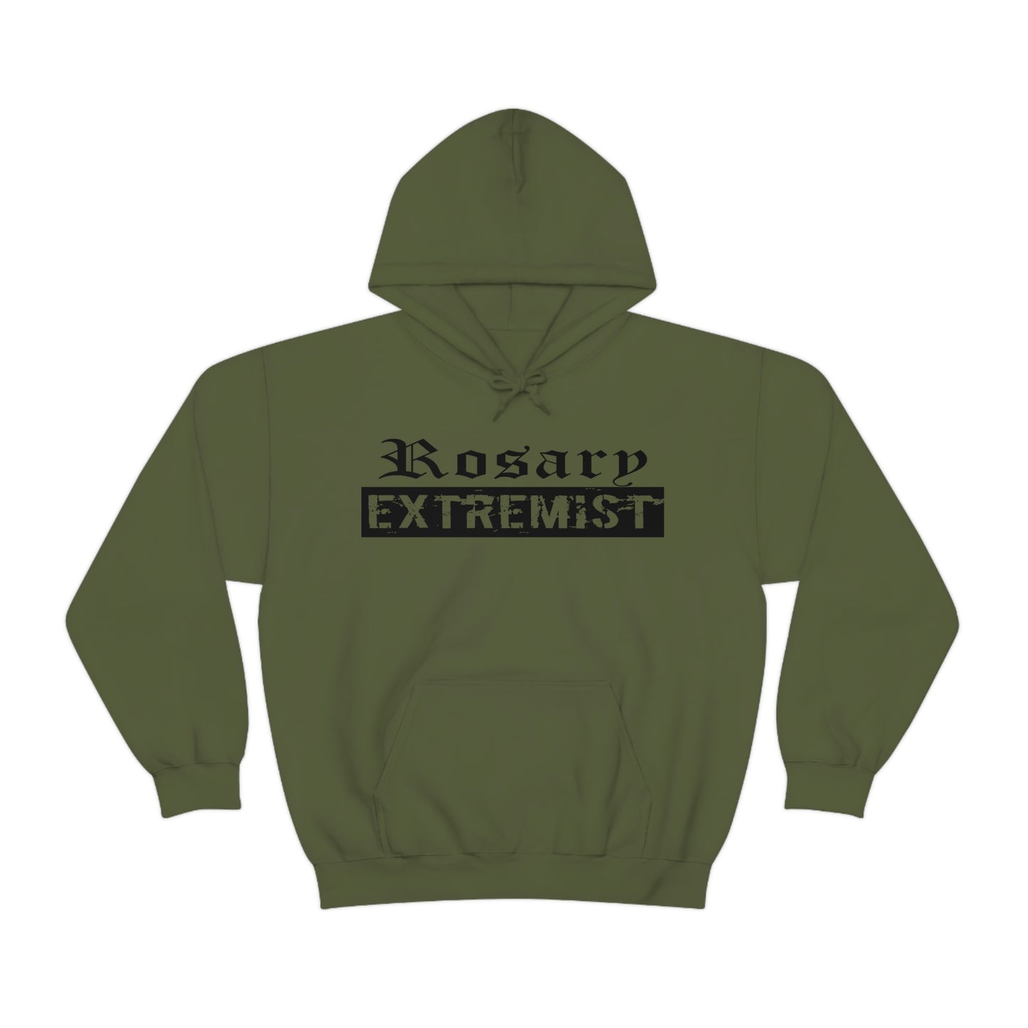 Olive Green Gildan Hoodie with black "Rosary Extremist" text printed on it by Sanctus Servo.