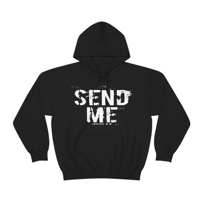 Black Gildan sweatshirt with white "Send Me" Isaiah 6:8 bible versetext printed on it by Sanctus Servo.