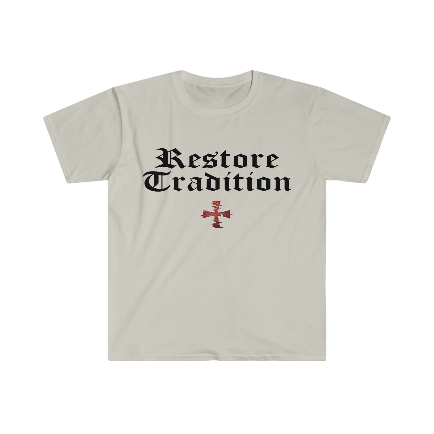 Tan Gildan T-Shirt with "Restore Tradition" printed on it with black font by Sanctus Servo.