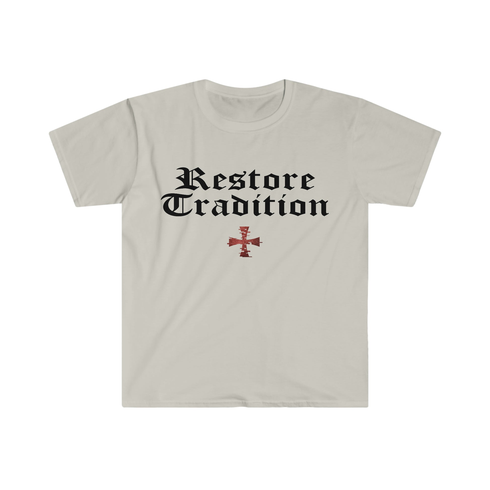 Tan Gildan T-Shirt with "Restore Tradition" printed on it with black font by Sanctus Servo.