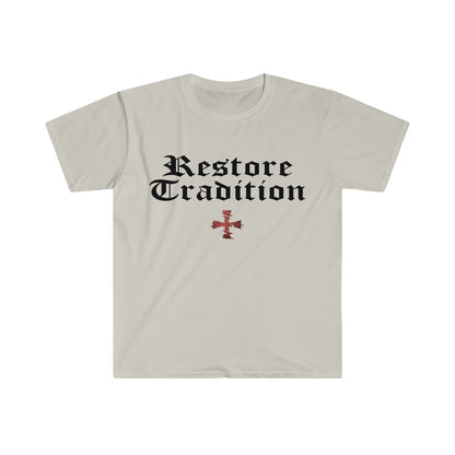 Tan Gildan T-Shirt with "Restore Tradition" printed on it with black font by Sanctus Servo.