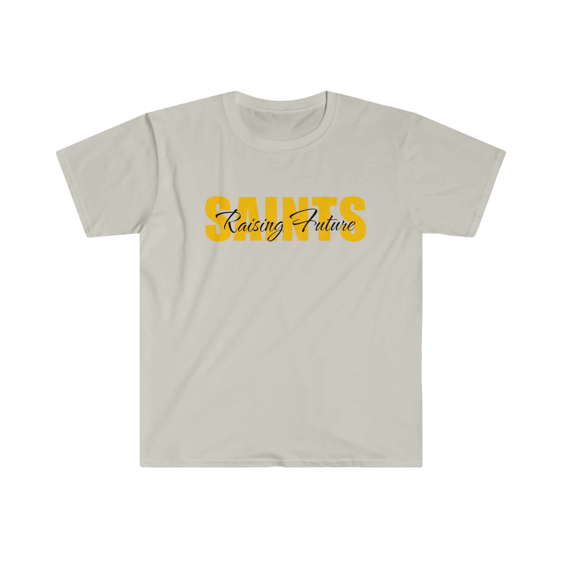 Tan T-Shirt with "Raising Future Saints" printed on it in yellow and black font.