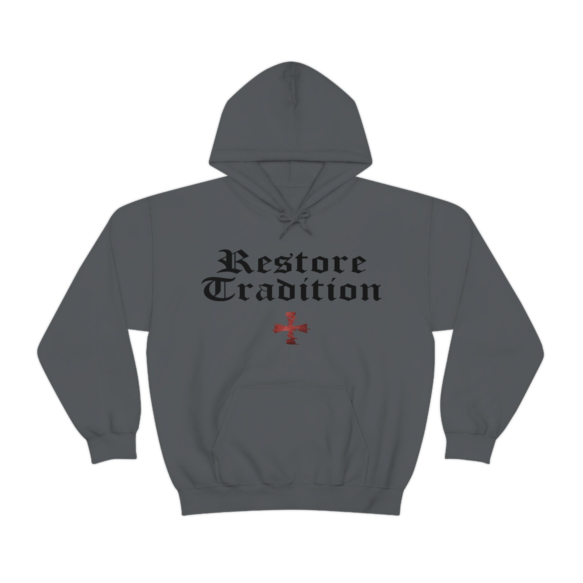 Charcoal Gray Gildan hoodie with "Restore Tradition" and a red digital crusader Sanctus Servo logo printed on it.