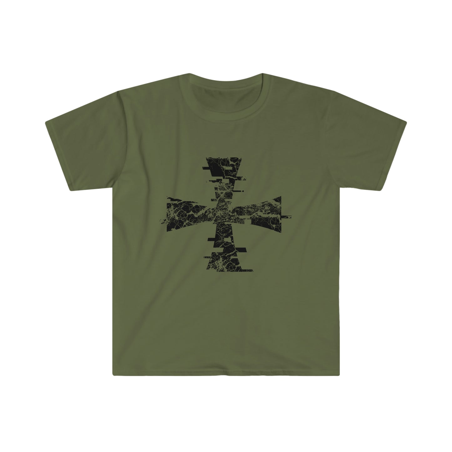 Olive Green T-Shirt with a distressed black digitial crusader logo by Sanctus Servo