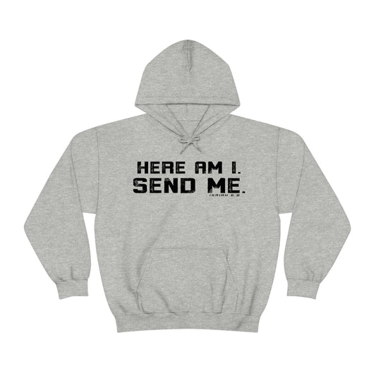 Heather Grey "Here Am I. Send Me." Hoodie with bible verse on it by Sanctus Servo