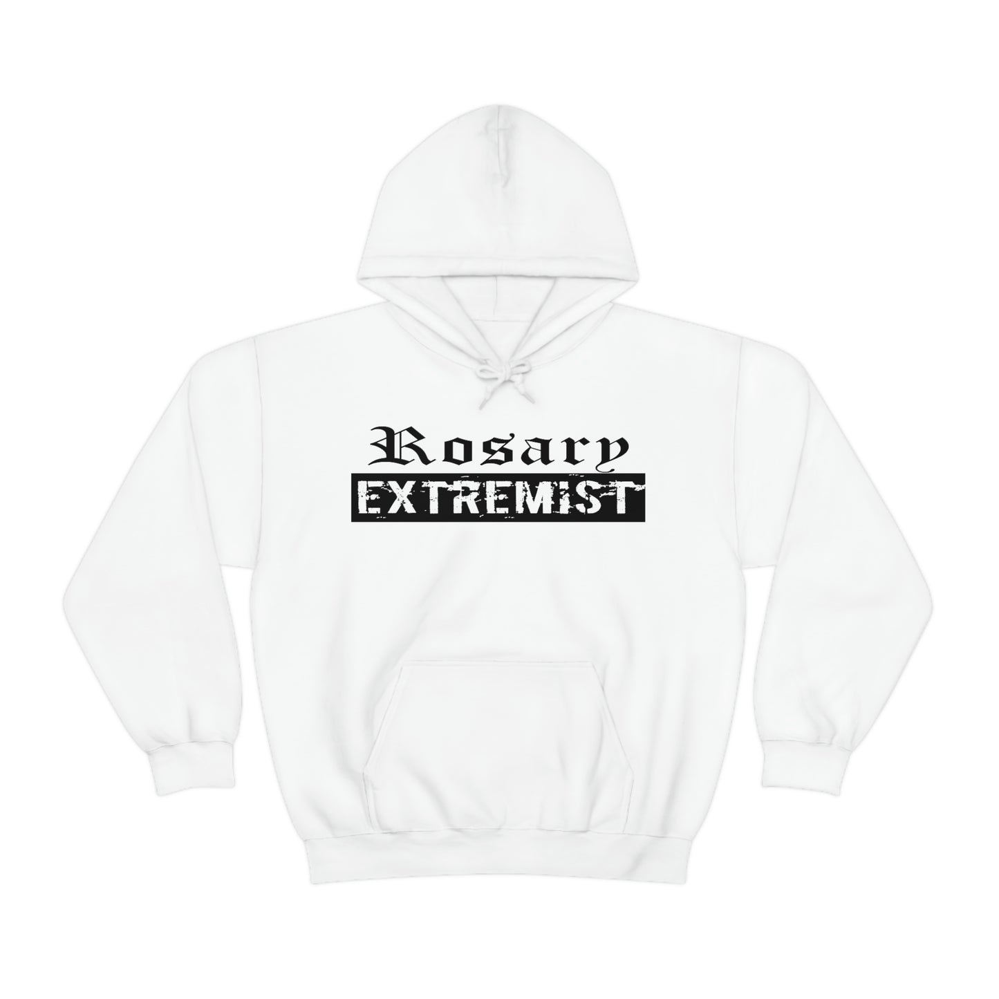 White Gildan Hoodie with black "Rosary Extremist" text printed on it by Sanctus Servo.
