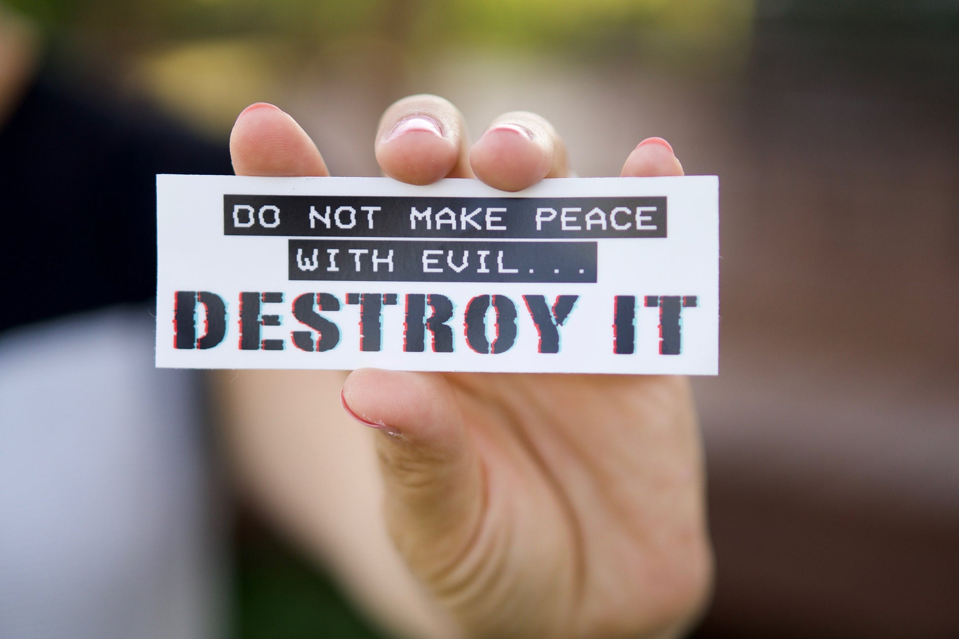 A powerful reminder to stand against evil with this 4.5" x 1.5" vinyl sticker that is waterproof, dishwasher, and microwave safe, removing without leaving a residue. Perfect for your car or laptop, let this "Do Not Make Peace With Evil, DESTROY IT" sticker inspire you to join St. Maximillian Kolbe's Militia of the Immaculata in spreading faith and combating evil.