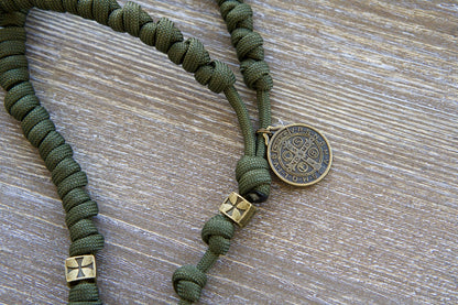 Army Green and Olive Crusader Knotted Rope Paracord Rosary with Bronze Pardon Crucifix and St. Benedict Medal - Durable Catholic Gift for Daily Spiritual Battles