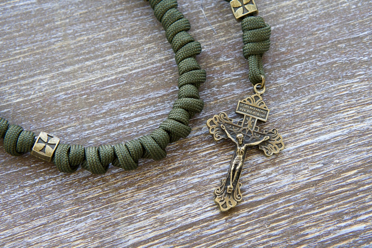 Army Green and Olive Crusader - Knotted Rope Paracord Rosary with Bronze Pardon Crucifix and St. Benedict Medal. Handmade by a Catholic family, perfect for spiritual battles and everyday prayer.