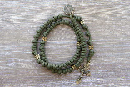 Army Green and Olive Crusader - Knotted Rope Paracord Rosary with metal Our Father beads, bronze Pardon Crucifix, and bronze St. Benedict medal. Durable and resilient rosary for spiritual battles.