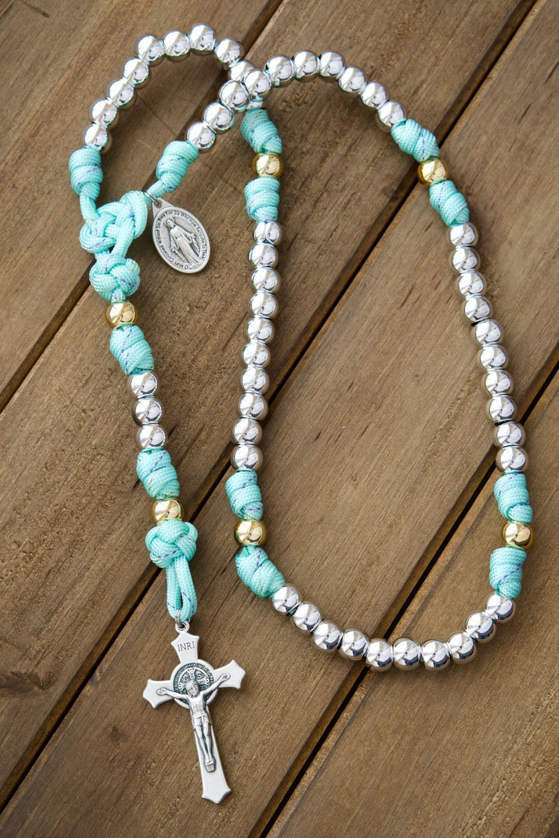 Teal blue, gold, and silver 5 decade paracord rosary with St. Benedict Crucifix and Miraculous Medal - Perfect spiritual weapon for women in life's battles (Sanctus Servo)