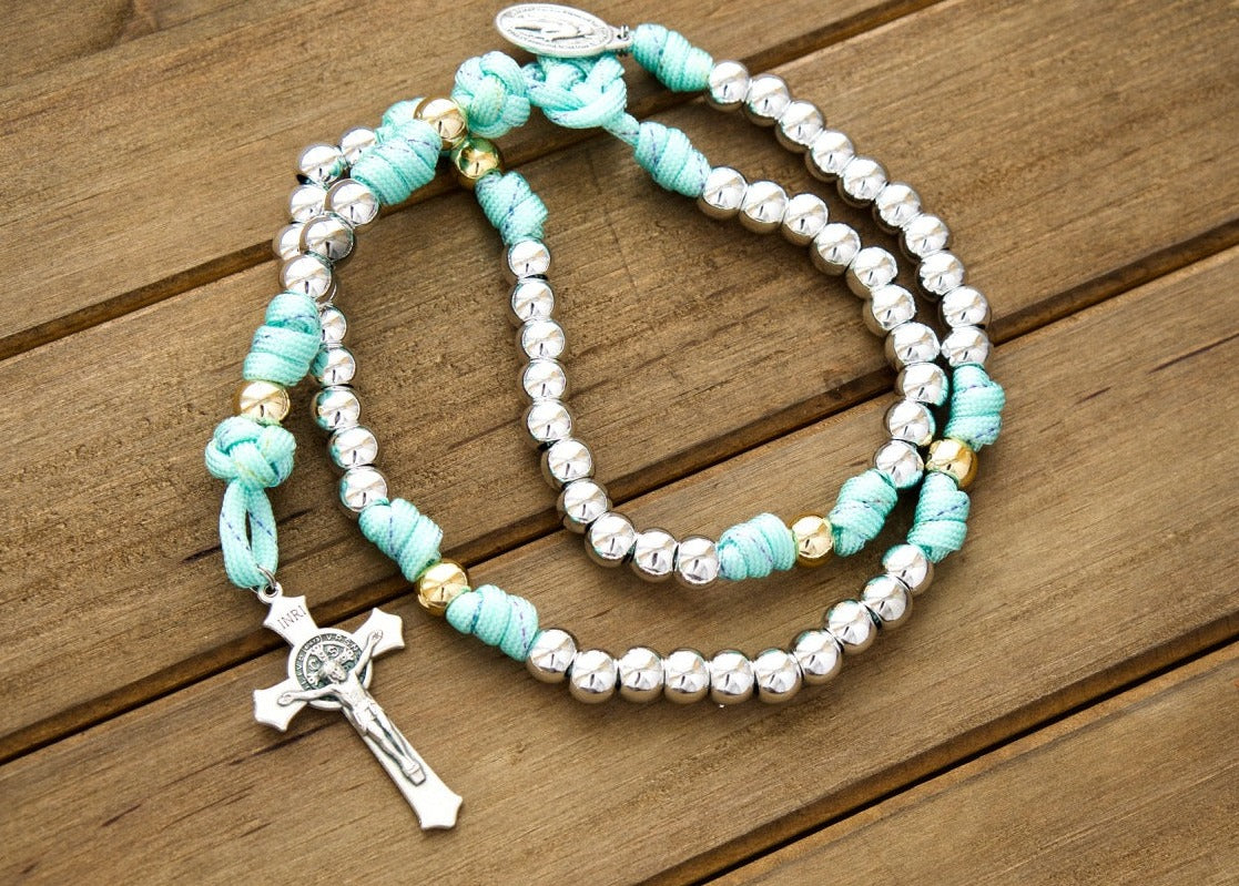 August Queen of the Heavens Teal Blue, Gold & Silver 5 Decade Paracord Rosary - Durable & Premium Catholic Gift for Women