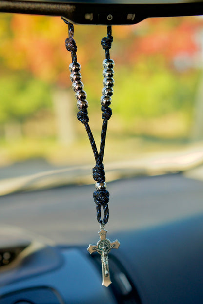 Black, Blue and Silver Rearview Mirror Paracord Rosary - A Durable Spiritual Weapon for Drivers and Passengers
