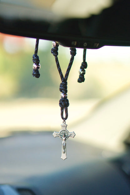 Black, Blue and Silver Rearview Mirror Paracord Rosary - A durable spiritual weapon for Catholic travelers