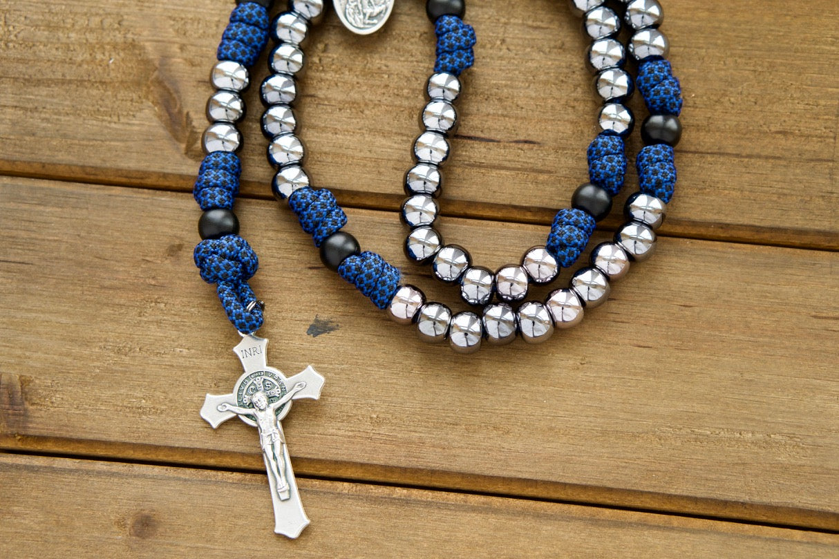 Kids Blue and Gunmetal - 5 Decade Paracord Rosary: Strengthen your faith with this durable, premium unbreakable paracord rosary designed specifically for boys.