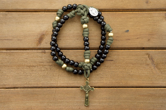 Children's Army Green and Black 5 Decade Paracord Rosary, featuring a brass St. Benedict Crucifix, 10mm beads, Miraculous Medal, and perfect for young Catholic warriors.