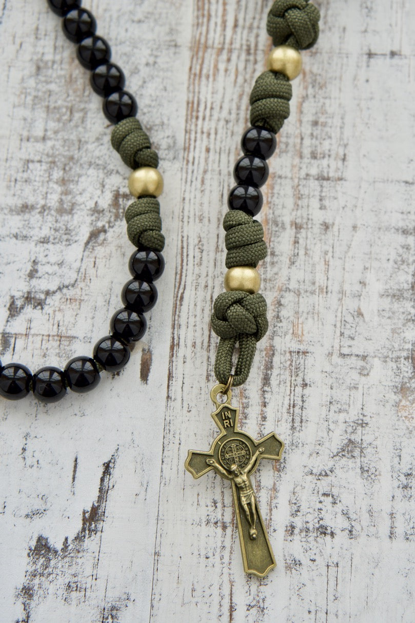 Children's Army Green and Black 5 Decade Paracord Rosary with St. Benedict Crucifix, Miraculous Medal, and 10mm beads for durable, battle-ready Catholic kids - perfect for everyday spiritual protection.