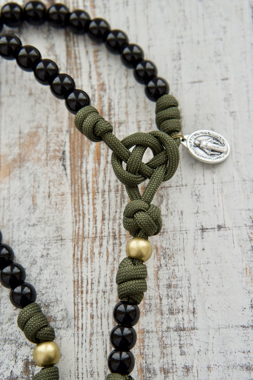 Children's Army Green and Black 5 Decade Paracord Rosary - Durable, Premium Quality Catholic Gift for Boys - Olive Green & Black Design with 1.75" Brass St. Benedict Crucifix and Miraculous Medal Devotional.