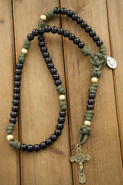 Children's Army Green and Black - 5 Decade Paracord Rosary, perfect spiritual weapon for young Catholics, featuring St. Benedict Crucifix, Miraculous Medal, and durable olive green and black design