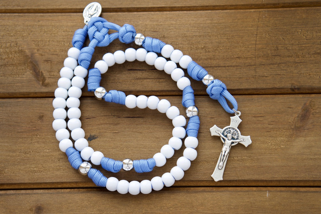 Kid's Blue & White 5 Decade Paracord Rosary - Durable, Easy-to-Use Catholic Gift for First Communion or Easter