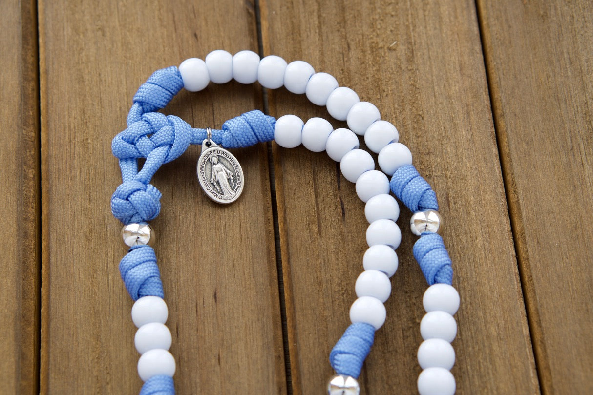 Kid's Light Blue Paracord Rosary with White Hail Mary Beads and Silver Our Father Beads - Perfect for First Communion or Easter Gifts
