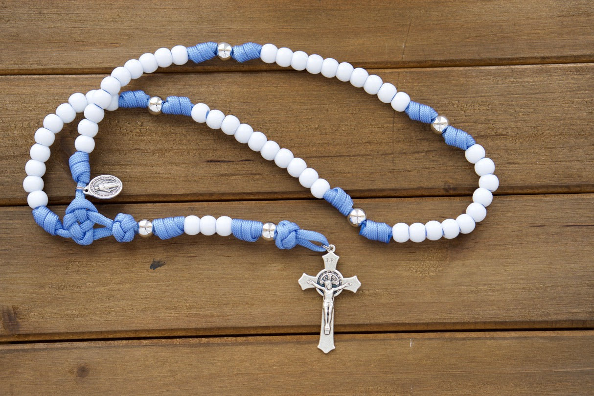 Children's Blue and White - 5 Decade Paracord Rosary - Durable, Premium Quality Catholic Gift for First Communion or Easter
