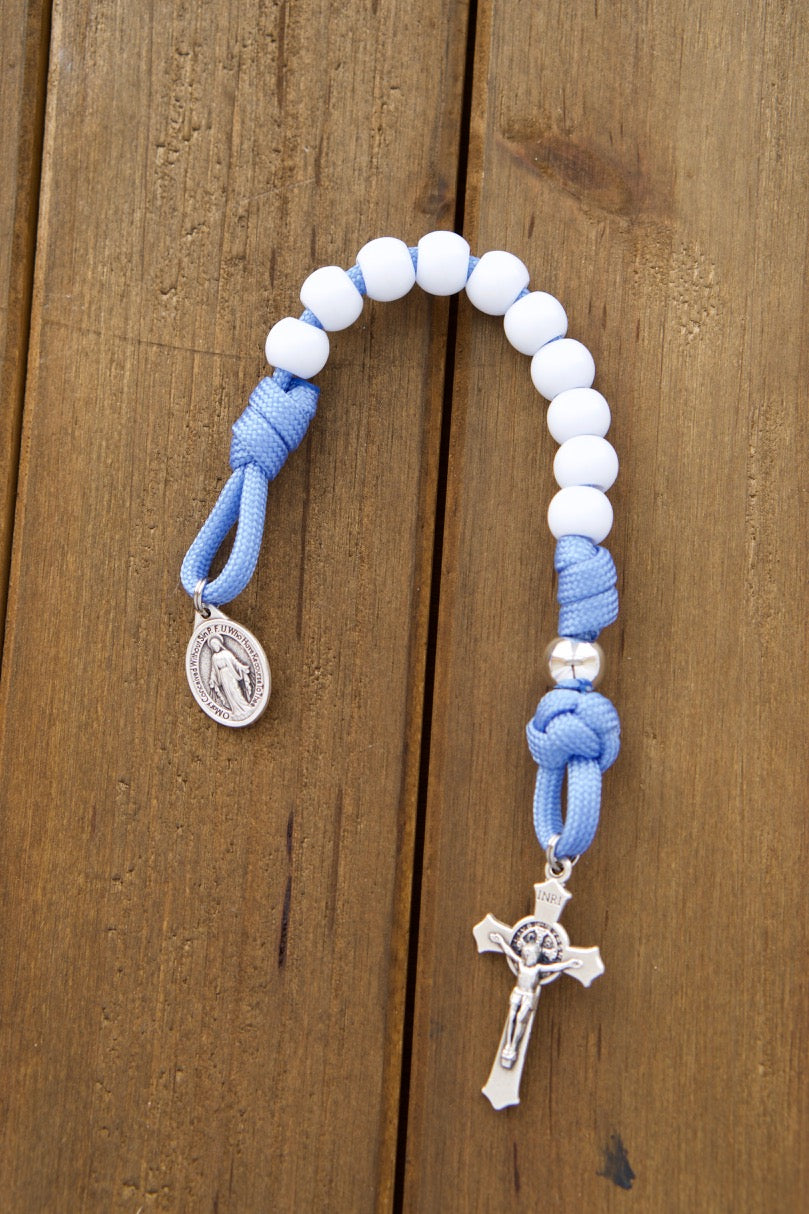 Kids' Blue, White & Silver 1 Decade Paracord Rosary with St. Benedict Crucifix and Miraculous Medal - Perfect for First Communion or Easter