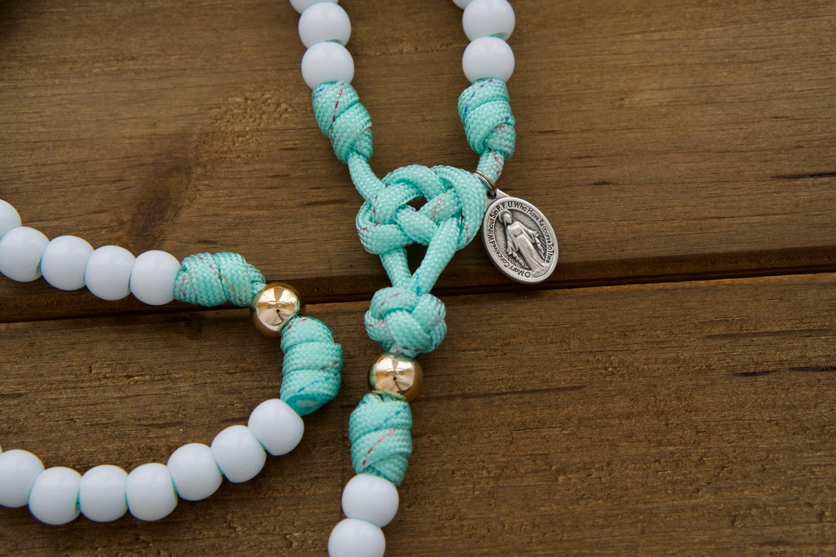 Kids Mint Green 5 Decade Paracord Rosary - Durable Catholic Gift for First Communion or Easter