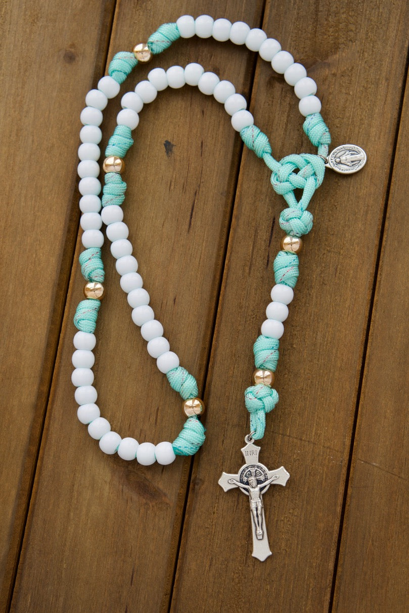 Children's Mint Green 5 Decade Paracord Rosary - Durable, Kid-Friendly Catholic Gift for First Communion or Easter