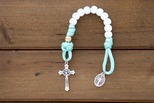 Kids Mint Green Paracord Rosary with White & Rose Gold Beads, Perfect for First Communion or Easter Gift - Durable and Functional Catholic Gift