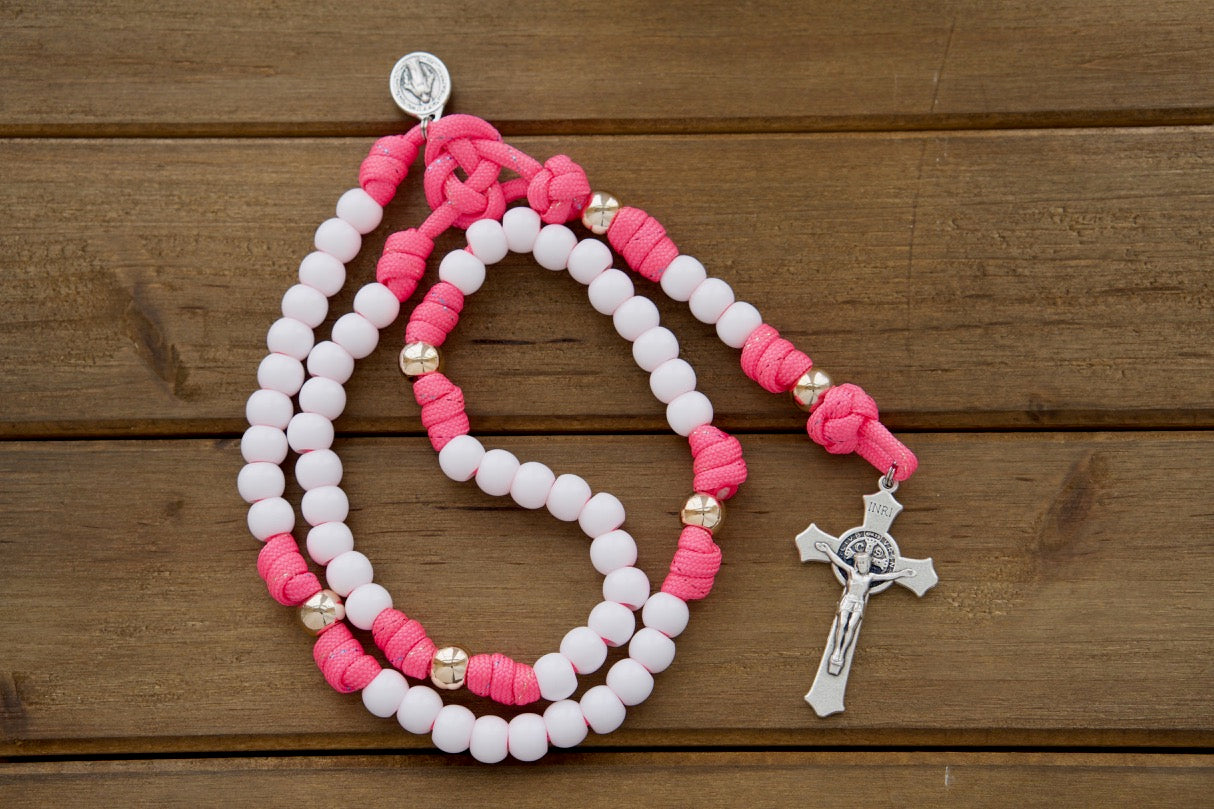 Kid's Pink Paracord Rosary with White Hail Mary Beads and Rose Gold Our Father Beads, Perfect for First Communion or Easter Gifts. 2" St. Benedict Crucifix and Small Miraculous Medal Included. High-Quality Durable Paracord 550 and Smaller Than Normal 10mm Beads.