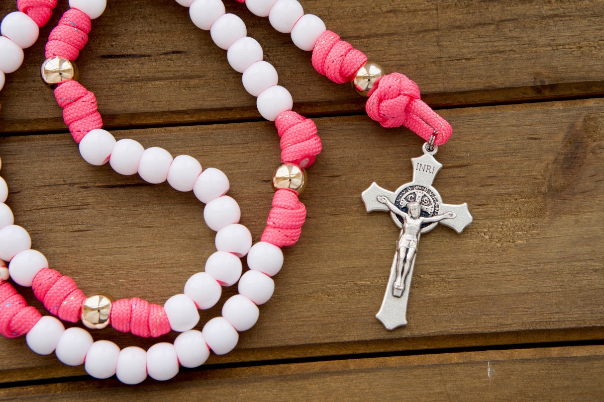Children's Pink and White - 5 Decade Paracord Rosary: A Durable and Beautiful First Communion or Easter Gift for Kids