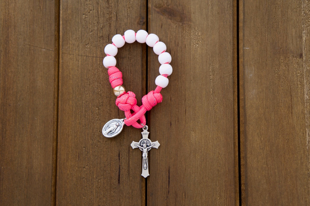 Children's Pink & White Rose Gold 1 Decade Paracord Rosary - Durable & Unbreakable Catholic Gift for First Communion or Easter