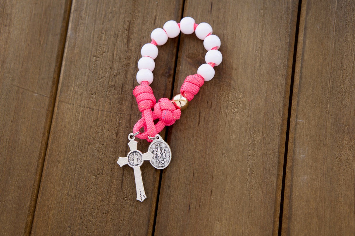 Children's Pink, White, & Rose Gold 1 Decade Paracord Rosary - Durable Catholic Gift for First Communion or Easter