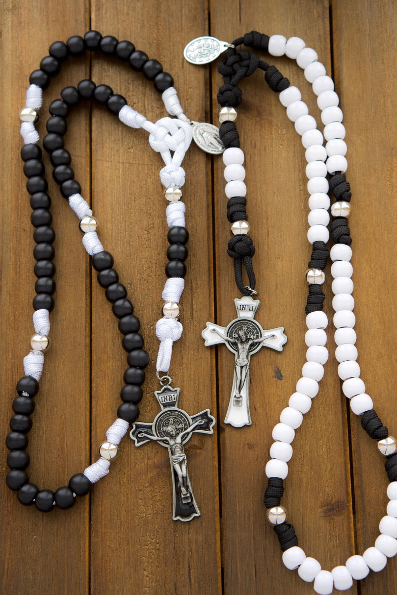 Discover the perfect Catholic wedding gift with our Eternal Love - His & Hers 5 Decade Paracord Rosary Set, featuring two exquisite paracord rosaries that symbolize eternal love and faith. This unbreakable paracord rosary set is handcrafted for a lifetime of prayer and comes with premium accessories such as St. Benedict crucifixes and devotional Miraculous Medals.