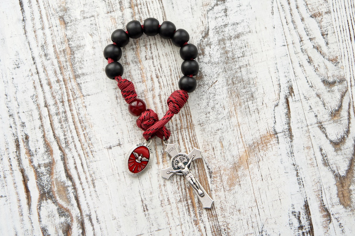 Durable 1 Decade Crimson Shield Confirmation Paracord Rosary with St. Benedict crucifix and Holy Spirit devotional medal, perfect for young boys or men preparing for the Sacrament of Confirmation.