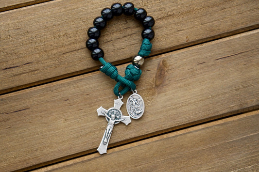 Dark Night of the Soul - Pocket paracord rosary with St. Michael and Guardian Angel medal, compact and durable for on-the-go Catholic devotion.