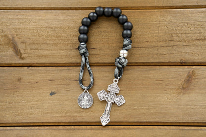 Demon Destroyer - 1 Decade Paracord Rosary with Silver Crucifix, St. Benedict Medal, and Durable Paracord for Men's Spiritual Protection and Daily Prayer