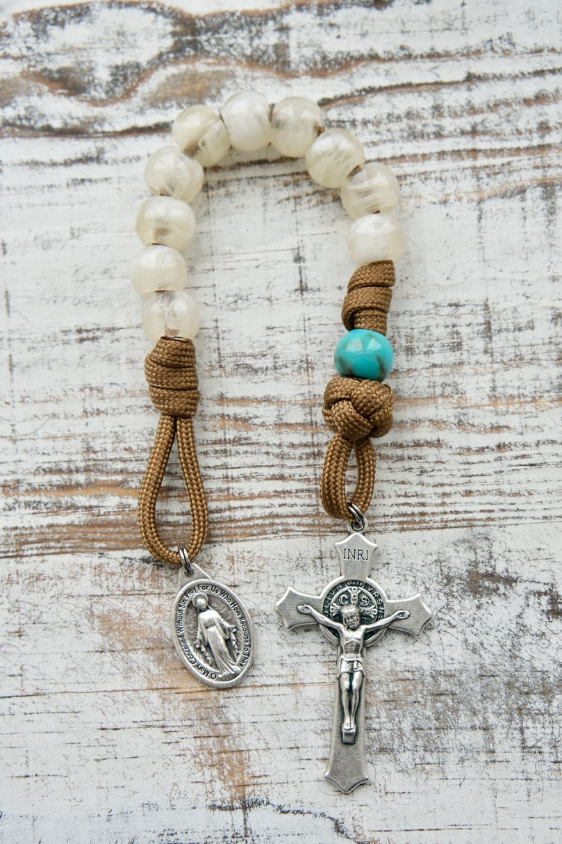 Divine Hope - Brown, Teal and Cream - Pocket Paracord Rosary