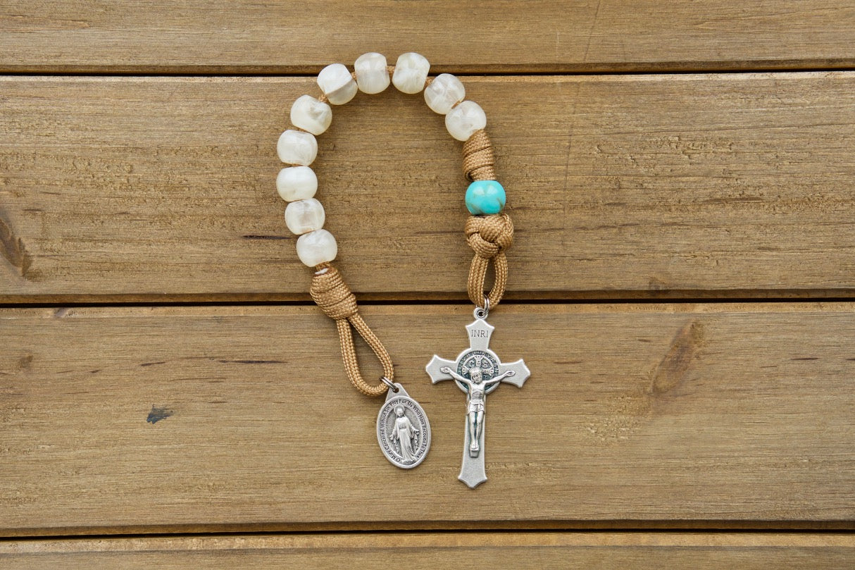 Divine Hope Brown Teal Cream Paracord Rosary, 1 Decade, Durable Catholic Gift for Kids