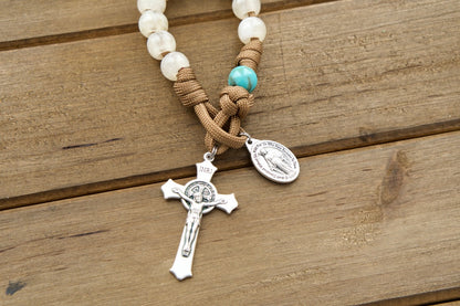 Divine Hope - Brown, Teal and Cream Paracord Rosary with Miraculous Medal, Premium 1 Decade Catholic Spiritual Weapon for Prayer and Battlefield Preparation (19" Full Rosary, 9" Single Decade)