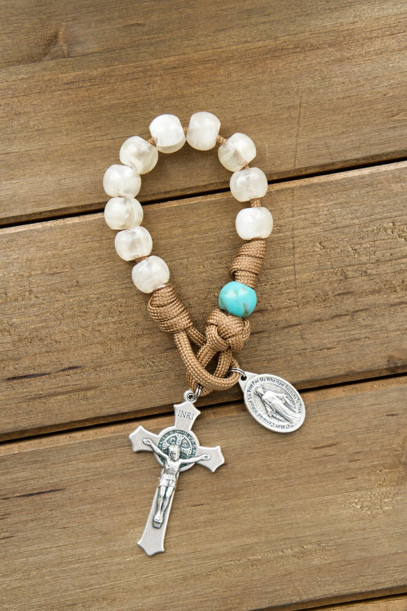 Divine Hope - Brown, Teal and Cream - 1 Decade Paracord Rosary: Durable, premium 19-inch paracord rosary with teal Our Father beads, cream Hail Mary beads, Miraculous Medal, and a 2" St. Benedict Crucifix for powerful prayer on the go.
